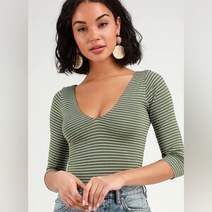 Lulu's Olive & White Striped V-Neck Bodysuit